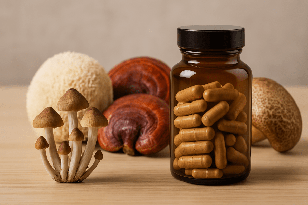 Assorted medicinal and psilocybin mushrooms arranged around a supplement bottle on a wooden surface, including Lion’s Mane, Reishi, Shiitake, and Psilocybe varieties, photographed in soft natural light.