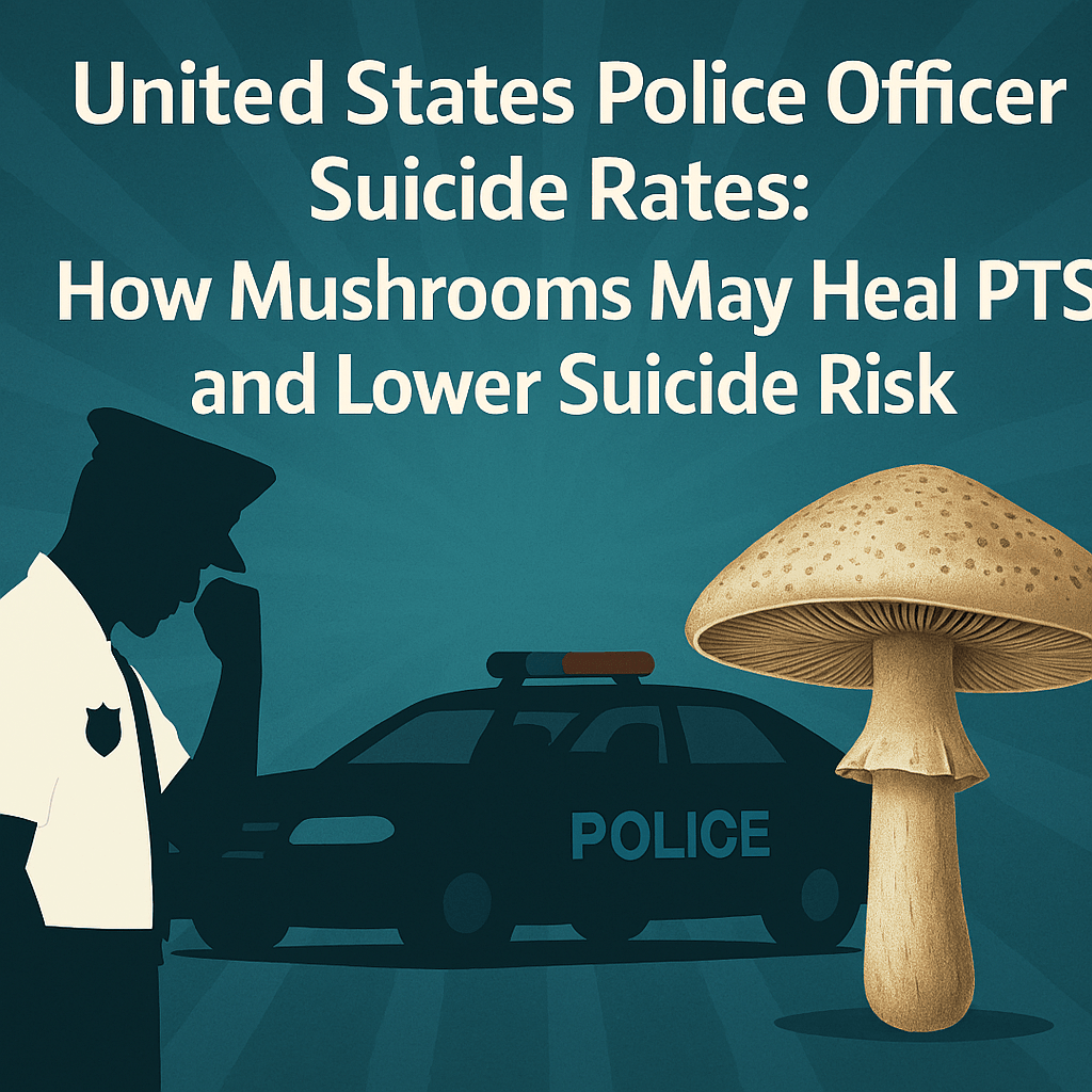 Hero image depicting a silhouetted U.S. police officer in distress beside a police car, contrasted with a large mushroom symbolizing healing. Teal-blue background with rays of light emphasizes the blog's theme: exploring how mushrooms may help reduce PTSD and suicide risk among law enforcement.