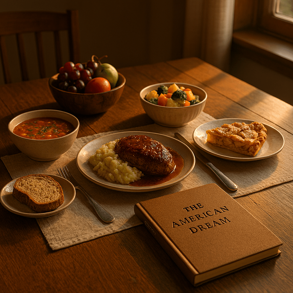 dinner table with book that has the American Dream printed on it.