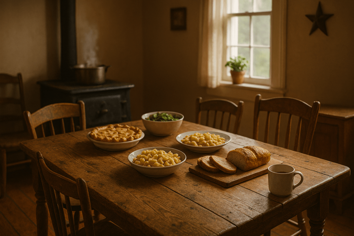 A warm, nostalgic kitchen table scene with rustic wood, simple comfort foods, soft natural light, and subtle symbols of home — capturing the fading warmth of the classic American Dream.