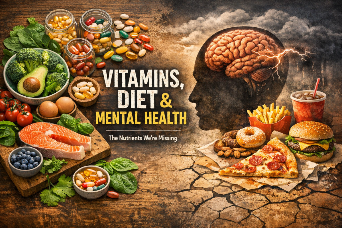 Split-screen image showing nutrient-rich whole foods like salmon, leafy greens, and supplements on one side, and processed fast food with a stressed brain silhouette on the other, illustrating the connection between diet, vitamins, and mental health.